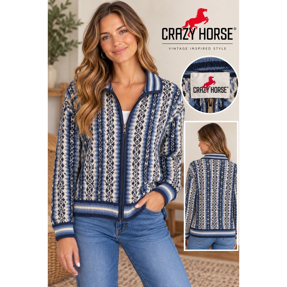 Crazy Horse Blue Fair Isle Zip Up Cardigan Knit Western Sweater Size Large